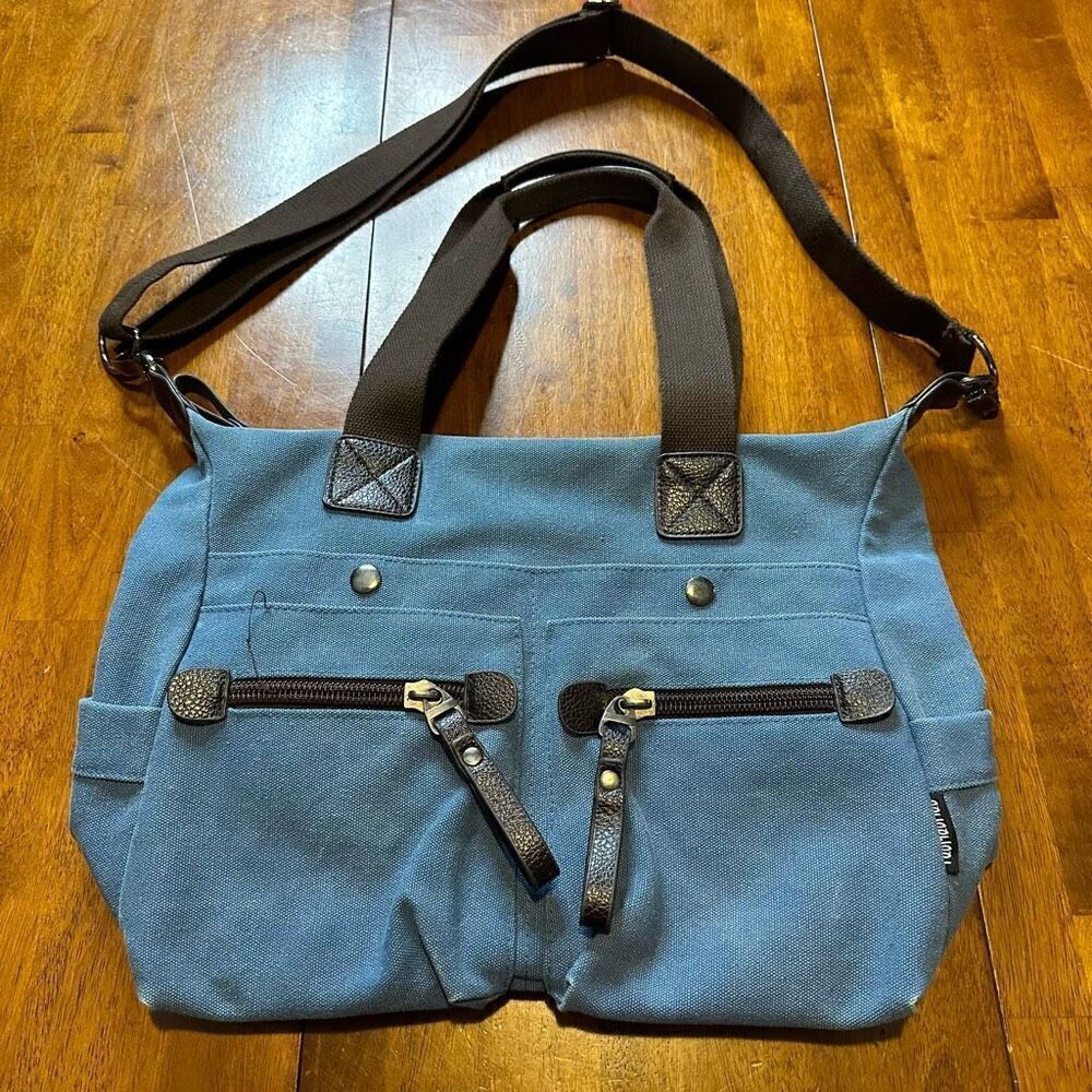 TaoMaoMao Blue Canvas Shoulder Bag Tote Brown Straps Trim Work Travel Bag 15x12”